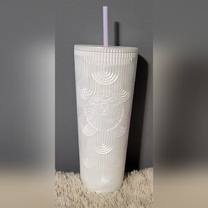 Starbucks White Embossed Tumbler with Lavender Straw (2023)
